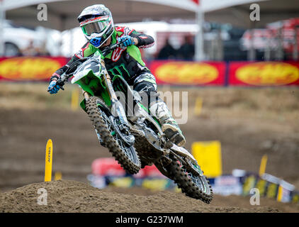 Rancho Cordova, CA. 21. Mai 2016. # 3 Eli Tomac mit eine große Praxis laufen während der Lucas Oil Pro Motocross Championship 450 Klasse in Hangtown Motocross Classic Rancho Cordova, CA Thurman James/CSM/Alamy Live News Stockfoto