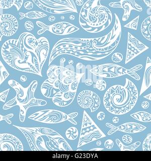 Marine Meer nahtlose Textur mit abstrakten Zierpflanze doodle Design-Elemente, Wellen, Muscheln und Fische auf blauem Hintergrund Stock Vektor