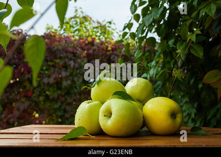 Ein paar gelbe Äpfel und Wassertropfen auf einem Holztisch und gefallenen Blätter im Herbst Stockfoto