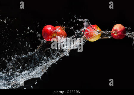 Rote Äpfel, Fliegen im Raum mit dem Wasser auf schwarzem Hintergrund Stockfoto