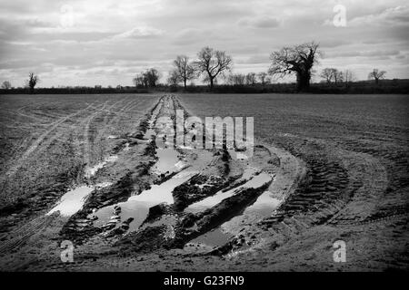 Landwirtschaft, Eingang schlammiges Feuchtgebiet, ländliche Landleben, wellington Stiefel, Gummistiefel, Schlamm herrlich, Landwirte, Traktor, Gefahr, Versicherungsansprüche, Straftat. Stockfoto