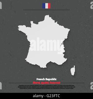 Karte der französischen Republik und offizielle Flaggensymbol auf dunklem Hintergrund. Vektor-Frankreich politische Karte 3d Illustration. Europäischen Staat geo Stock Vektor