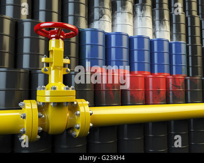 Rohr-Linie Ölventil vor der russischen Flagge auf dem Barrel Erdöl. Iranischen Öl- und Kraftstoff Energiekonzept. 3D illustration Stockfoto