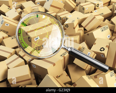 Lieferung, Versand, Logistik-Konzept. Karton-Tracking-Suche. Lupe mit Ziel und Boxen. 3D illustration Stockfoto
