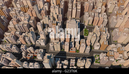 Stadtbild mit Bäumen und Straßen. Hohe Gebäude. Zentrum der großen Stadt. 3D-Render. Stockfoto