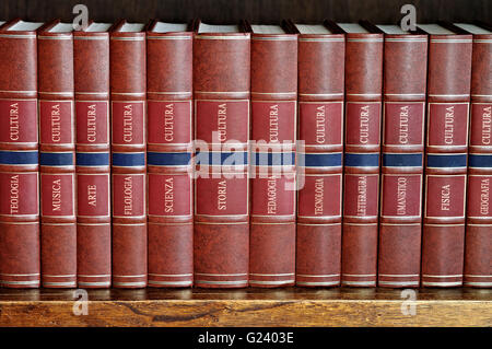 Reihe von Büchern mit braunen Deckel auf einem Regal mit Titeln in italienischer Sprache Stockfoto