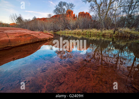 Spiegelung des Cathedral Rock Water of Oak Creek in der Nähe von Sedona, Arizona, USA Stockfoto