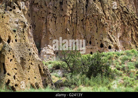 Talus Haus und Cavates im Firjoles Tal der Bandelier National Monument, New Mexico, USA Stockfoto