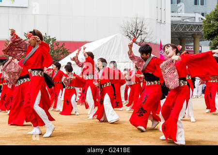 Japanische hinokuni Yosakoi Dance Festival. Dance Team, vor allem junge Frauen, Tanzen in leuchtend roten yukata Jacken und Holding naruko, hölzerne Klöppel. Stockfoto