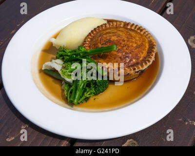 Lecker im freien Mittag essen Steak und Ale Pie mit Maische Kartoffeln Brokkoli und Zwiebeln Soße Stockfoto