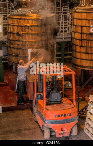 Menschen arbeiten bei den Washbacks Tanks im Raum Tun in der Dingle-Whisky-Destillerie in Dingle, County Kerry, Irland. Stockfoto