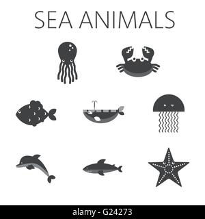 Schwarzen Meer Tier inmitten von Konturen mit Tintenfisch, Krabben, Fisch, Pinguin, Hai, Wal, Quallen und Seesterne. Digitale Vektorgrafik. Stock Vektor