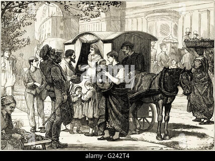 Verkäufer von Selterswasser aus einem Pferd & Wagen auf einer Straße in Berlin-Deutschland. Viktorianische Holzschnitt Gravur datiert 1875 Stockfoto