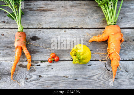 Trendige Bio Karotten, Tomaten Lauch und Zitrone aus dem Hause Garten Bett auf Scheune Holztisch, australische gewachsen. Stockfoto