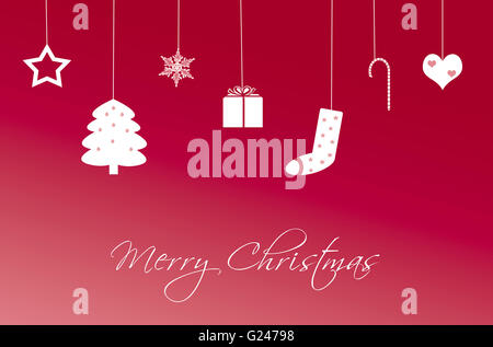 Lustige Weihnachtskarte mit Baum, Sterne, Schnee und Weihnachtsdekorationen in roter Farbe Stockfoto