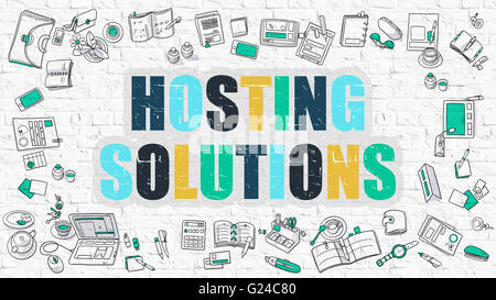 Hosting-Lösungen-Konzept mit Doodle Design-Ikonen. Stockfoto