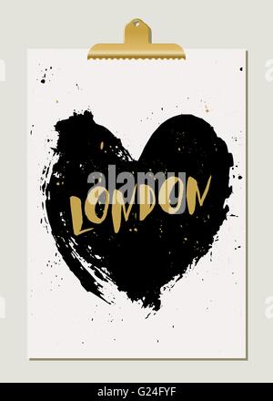 Moderne und stilvolle London Plakat Vorlage. Hand gezeichnetes schwarzes Herz, hand beschrifteten Goldfolie, goldene Textclip. Bl, Gold und weiß Stock Vektor