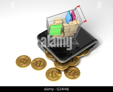 Konzept der digitale Brieftasche mit Bitcoins und Warenkorb. 3D Illustration. Stockfoto