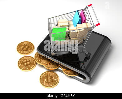 Digitale Geldbörse mit Bitcoins und Warenkorb. 3D Illustration. Stockfoto