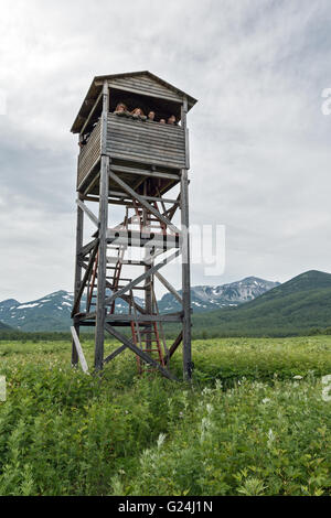 Beobachtung-Turm von Kamtschatka-Braunbären und Tierwelt im Naturpark Nalychevo und Gruppe Touristen im Turm. Russland, Kamtschatka. Stockfoto