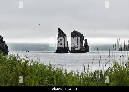 Landschaft von Kamtschatka: Blick auf drei Brüder Felsen - natürliches Denkmal der Kamtschatka in der Awatscha-Bucht an einem bewölkten Tag bewölkt. Stockfoto