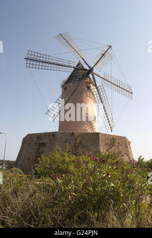 ein schönes Bild von einer alten Windmühle mit Vegetation vor, in Palma De Mallorca, Spanien, am Meer, Tourismus, Urlaub, Sommer Stockfoto