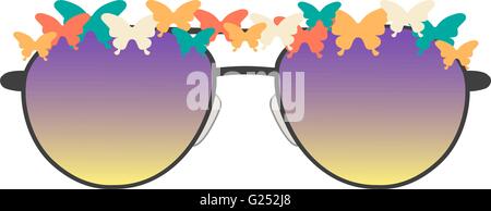 Vektor. Edel Hippie Sonnenbrille mit Schmetterling verziert. Isolierte Darstellung. Geeignet für Kleidung - T-shirt Druck- oder Web-Dekoration Stock Vektor