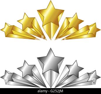 Vektor. 5 Stern-Symbol in gold und Silber Farben. Isolierte Darstellung. Geeignet für Hotels und andere Dienstleistungen. Stock Vektor