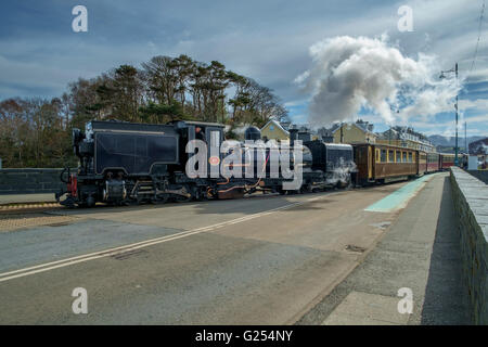 Dampf Lok Zug von der Welsh Highland Line beim Überqueren der Straße in Porthmadog Gwynedd Wales, UKcrossing, Eisenbahn, Dampf, Stockfoto