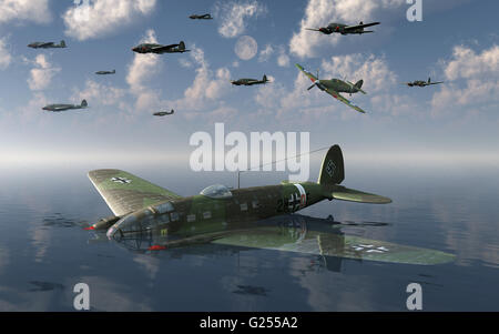 Eine Heinkel He 111 Bomber abgeschossen über dem Ärmelkanal, während "The Battle Of Britain" Stockfoto
