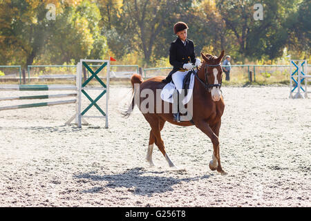 Junge Sportlerin Reiten Reitsport Show springt Wettbewerb. Teenager-Mädchen Ritt ein Pferd Stockfoto