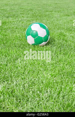 Fußball auf dem grünen Rasen, Platz für Text, geringe Schärfentiefe. Stockfoto