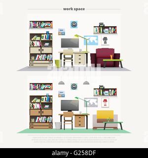 Satz von modernen Arbeitsplätzen mit Holzmöbeln und professionelle Werkzeuge. Vektor, flachen Stil Büro Innenarchitektur. elegante Stock Vektor