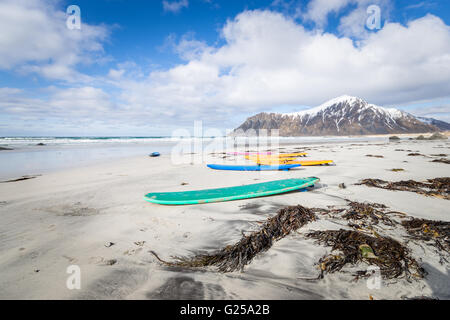 Surfbretter am Strand, Lofoten Inseln, Norwegen Stockfoto