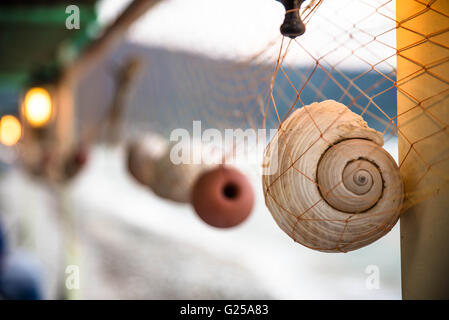 Net-Muscheln hängen in einem Fischerdorf, Thassos, Griechenland Stockfoto