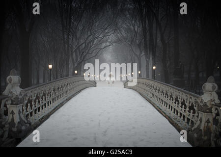 Frau zu Fuß über die Brücke in Schnee, Central Park, Manhattan, New York, Amerika, USA Stockfoto