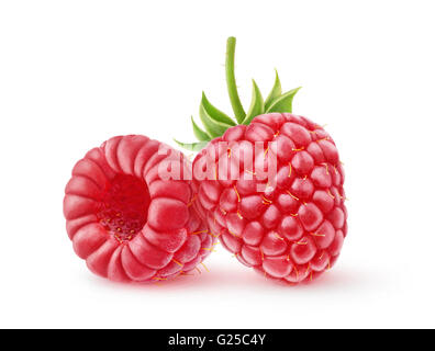 Isolierte Himbeeren. Zwei Himbeere Früchten isoliert auf weißem Hintergrund mit Beschneidungspfad Stockfoto