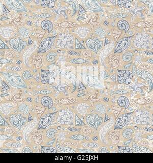 Nahtlose Leinenstruktur mit Meeresbewohner skizzieren Illustrationen in blau auf Beige Hintergrund Stockfoto