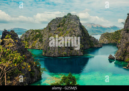 Blick auf die Bucht am Kayangan See in Coron, Philippinen, als der saubersten See in Asien gilt Stockfoto