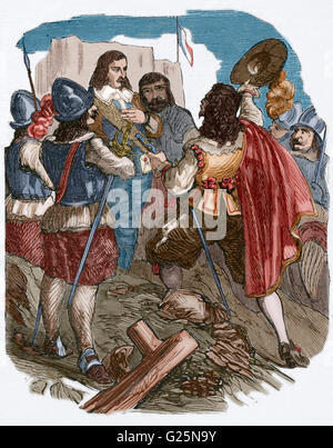 Armand Charles De La Porte, Duc De La Meilleraye (1632-1713). Französischer general, Grand Master und Kapitän-General der Artillerie. Der General erhält den Marschallstab. Gravur. des 19. Jahrhunderts. Farbige. Stockfoto