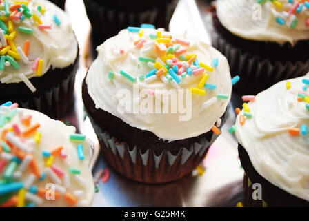 Schokolade Cupcake mit Vanille Zuckerguss über weiß Stockfoto