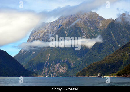 Niedrige Wolken und Großsegler am Milford Sound, Neuseeland Stockfoto