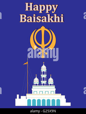 ein Beispiel für eine Grußkarte feiert das Sikh Festival von Baisakhi mit einem weißen Gurdwara und ein Chakra-symbol Stockfoto