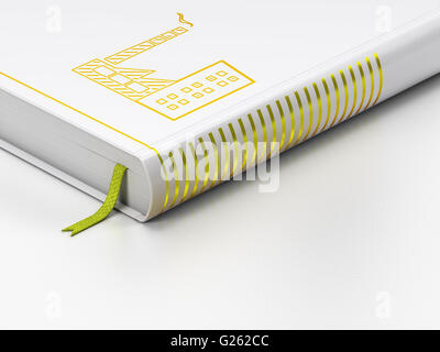 Manufacuring Konzept: Buch mit sieben Siegeln, Industriegebäude auf weißem Hintergrund Stockfoto