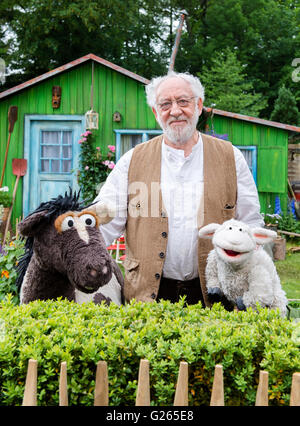 Hamburg, Deutschland. 24. Mai 2016. Schauspieler Dieter Hallervorden posieren, während der Dreharbeiten des Films Childrens ' Sesamstraße präsentiert: The Time Machine "mit der Sesamstraße Zeichen Pferd (l) und Wolle in Hamburg, Deutschland, 24. Mai 2016. Der Film soll auf die Kinder TV-Sender KiKa kommt Ostern 2017 laufen. Foto: DANIEL BOCKWOLDT/Dpa/Alamy Live News Stockfoto