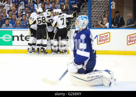 Tampa, Florida, USA. 24. Mai 2016. DIRK SHADD | Times.Tampa Bay Lightning Goalie Andrei Vasilevskiy (88) langsam aufstehen, da die Pittsburgh Penguins dem Ziel vom Center Sidney Crosby (87) in der letzten Minute der zweiten Periode des Spiels sechs von der Eastern Conference Finals zwischen den Tampa Bay Lightning und die Pittsburgh Penguins in Amalie Arena in Tampa, Florida am Dienstag, 24. Mai 2016 feiern. © Dirk Shadd/Tampa Bay Times / ZUMA Draht/Alamy Live News Stockfoto
