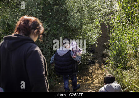 in der Nähe von Idomeni, Griechenland. 24. Mai 2016. Flüchtlinge und Migranten verlassen Idomeni Camps in Griechenland, 25. Mai 2016. Bildnachweis: Dpa picture Alliance/Alamy Live News Stockfoto