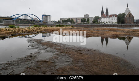 Blick auf die polnische Bank Oder Fluss, niedrigen Gewässern und exponierten Sandbänken kann gesehen werden, sowie der Grenzübergang Brücke, die nach links nach Frankfurt (Oder) in Deutschland, 25. Mai 2016 führt. Foto: PATRICK PLEUL/DPA Stockfoto