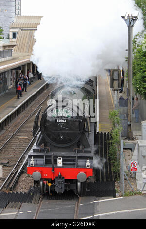 Feltham, Hounslow, London, UK. 25. Mai 2016. Die Flying Scotsman wogenden Dampf Feltham Station, London, UK durchläuft. Dies war auf das äußere Bein einer Reise von London Victoria Süd, Guildford, Surrey Hills und zurück nach London über Croydon. Bildnachweis: Julia Gavin UK/Alamy Live-Nachrichten Stockfoto