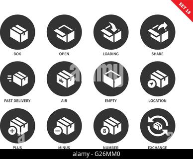 Box und Paket Icons auf weißem Hintergrund Stock Vektor